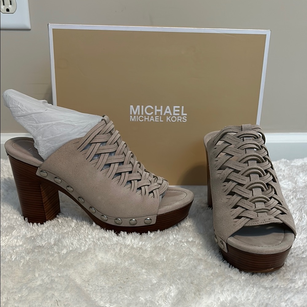 Michael Kors Tan Mules with Wooden Block Heel